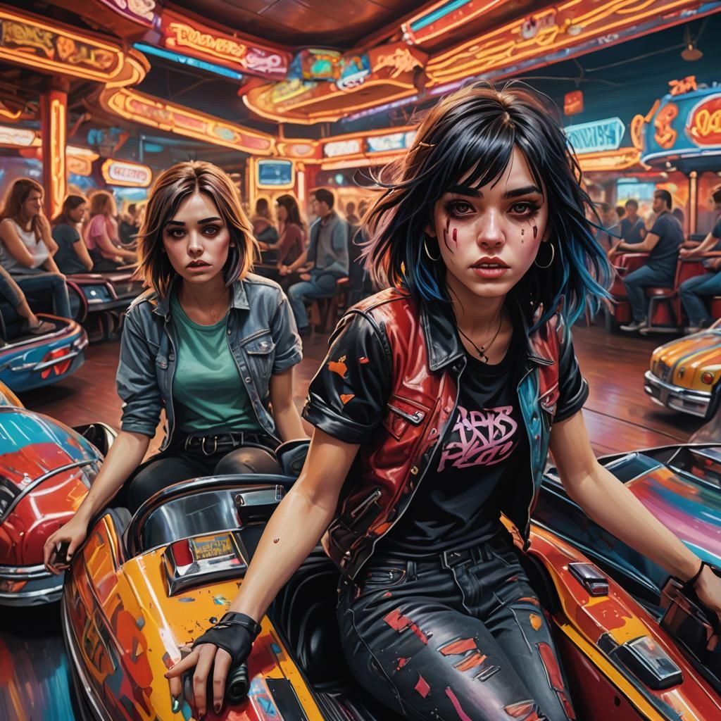 Emo teen girls on dodgem cars