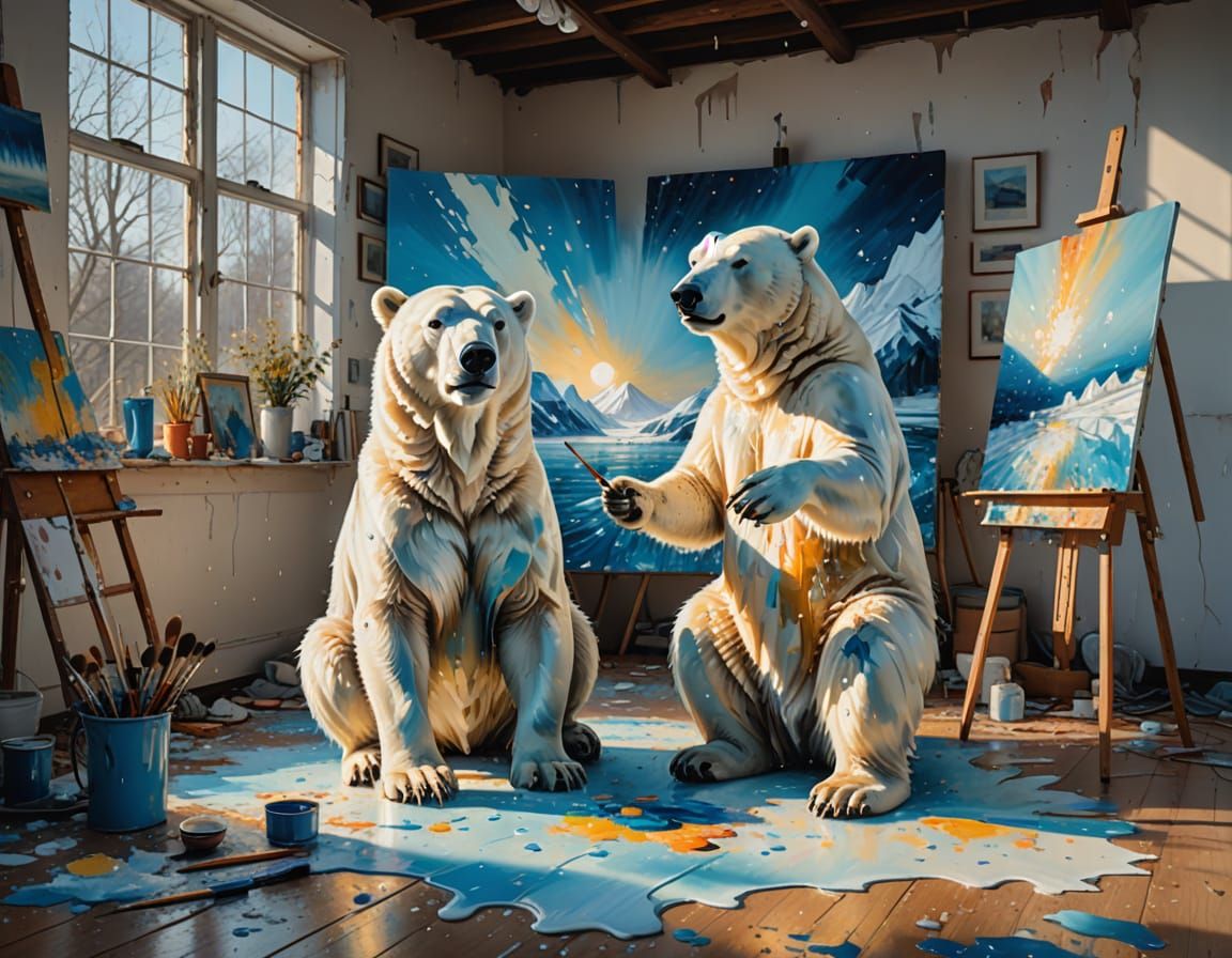 Polar Bear Artist Paints in Sunlit Ice Studio