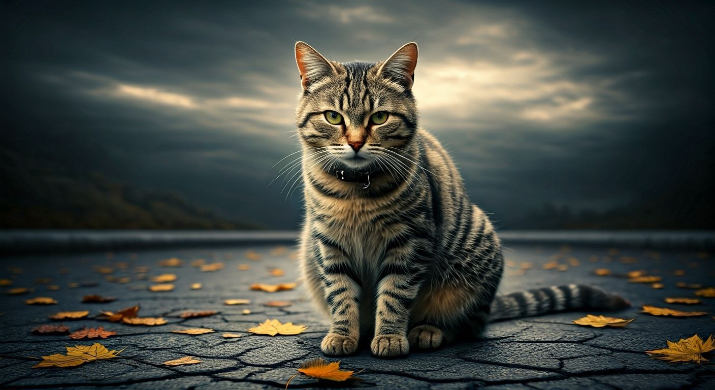 Thoughtful Stray Cat in Hyperrealistic Autumn Scene