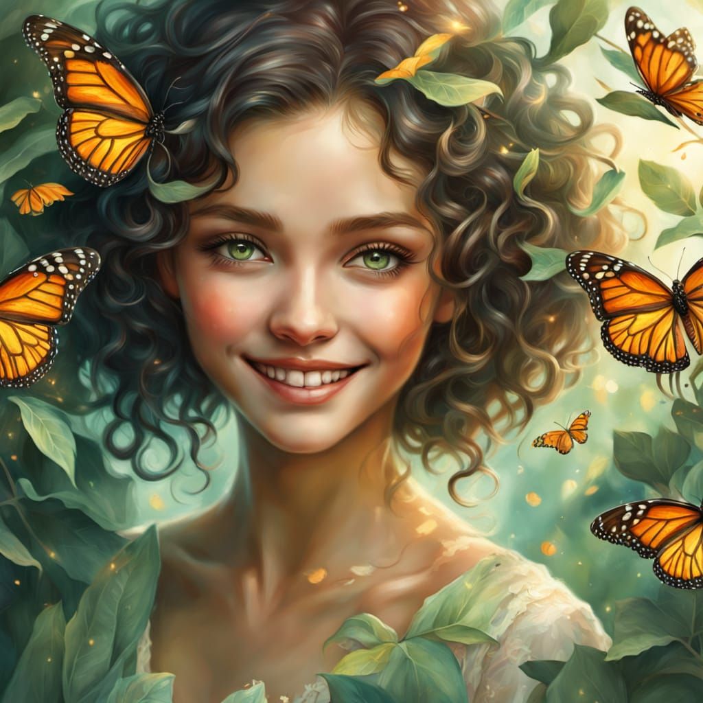 Ethereal Woman Crowned with Monarch Butterflies in Golden Ho...