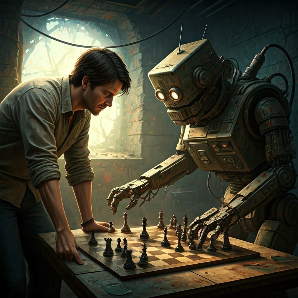 Cyberpunk Chess Match Between Man and Robotic Opponent