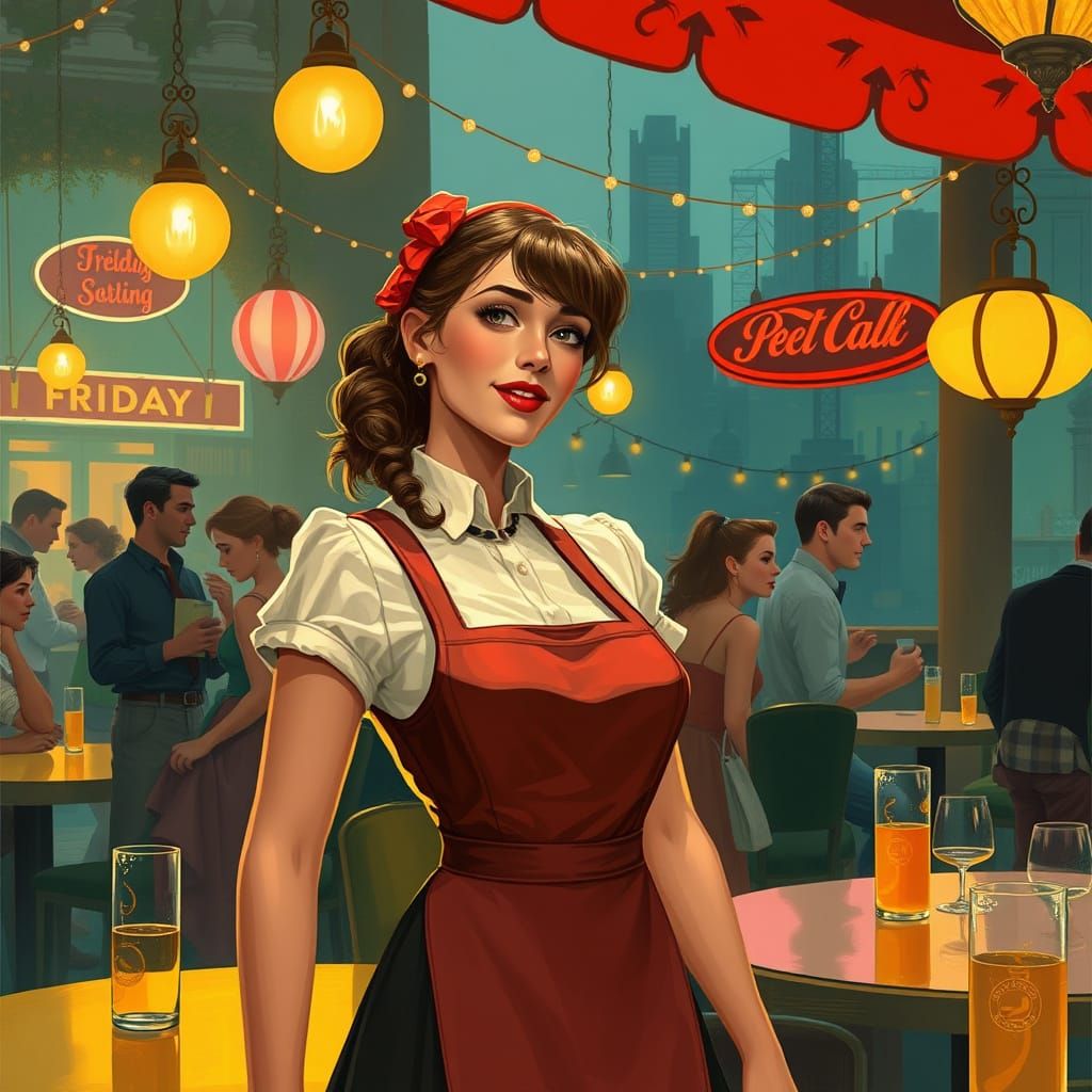 Waitress in Art Nouveau-Inspired Restaurant Scene
