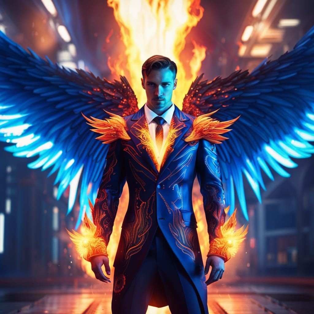 Fiery Man with Phoenix Wings in Futuristic Portrait