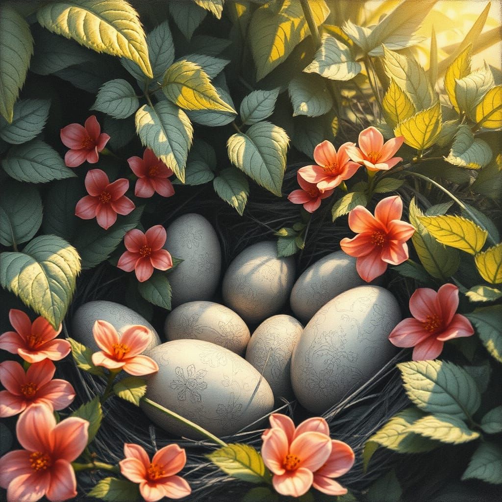 Easter Eggs Hidden in a Vibrant Garden Charcoal Drawing