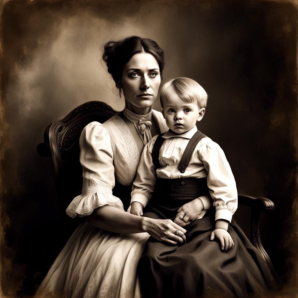 Vintage Black and White Portrait of Mother and Son