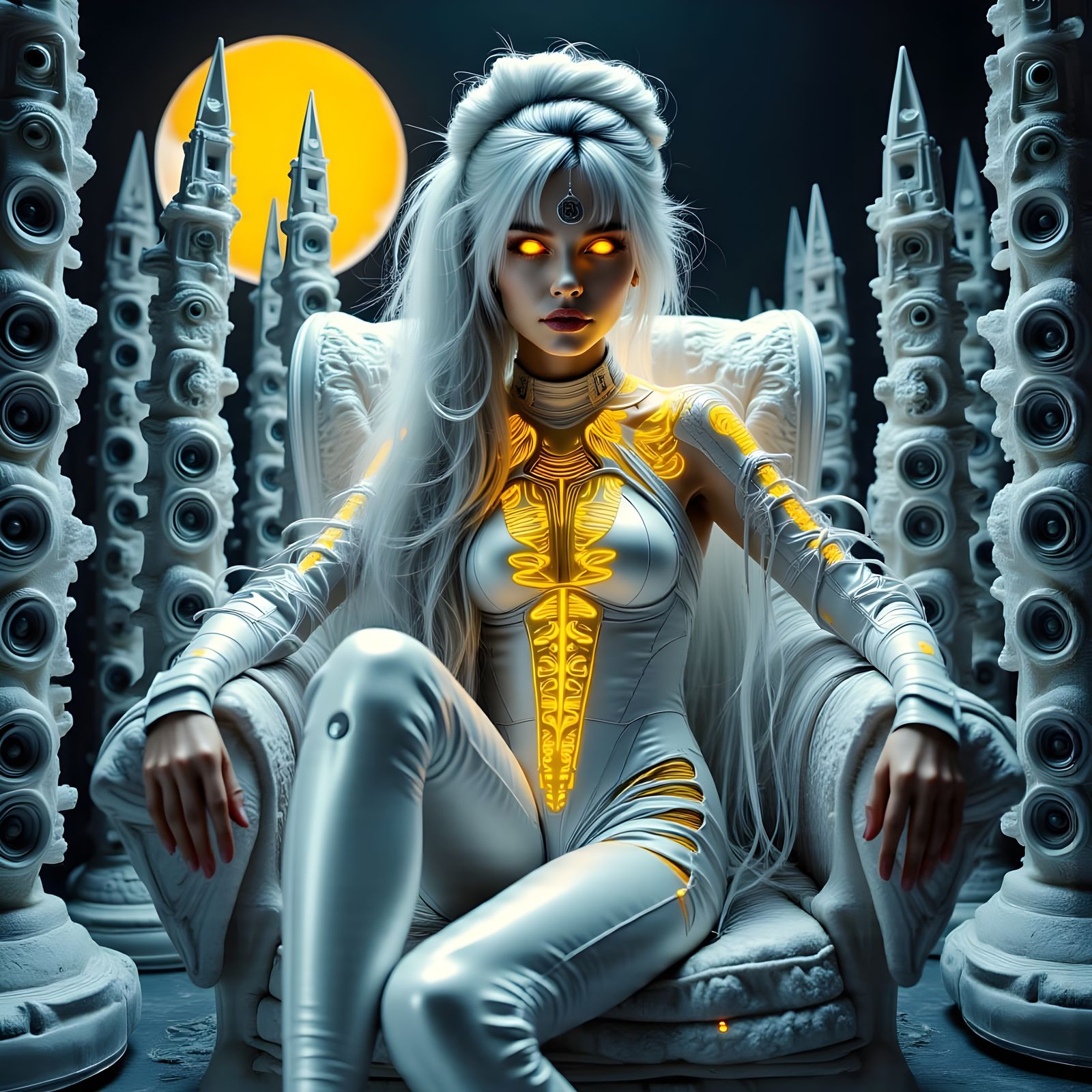 Futuristic Mannequin Queen on Ice Throne