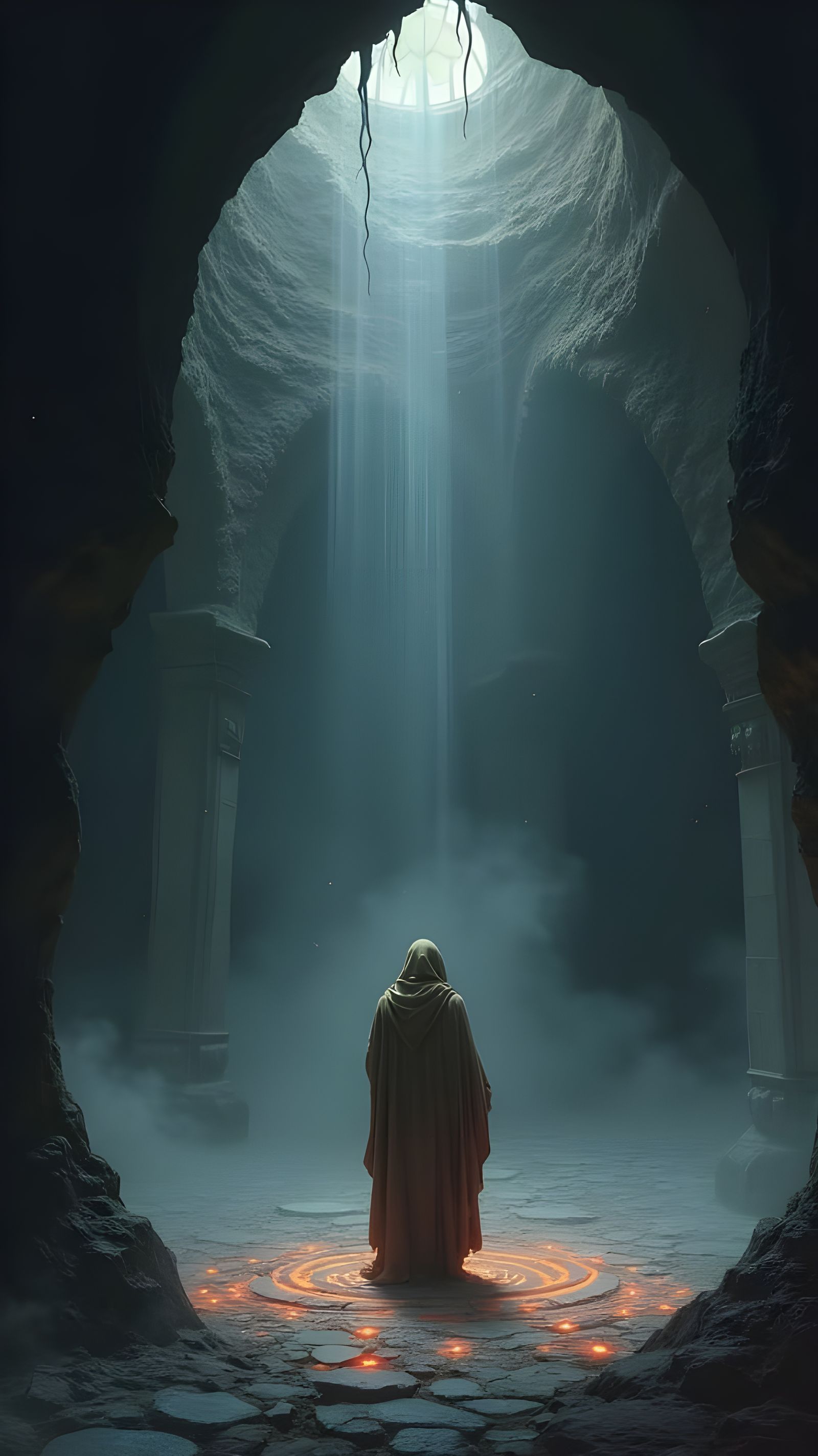 Mystical Figure Resists Darkness in Fantasy Chamber