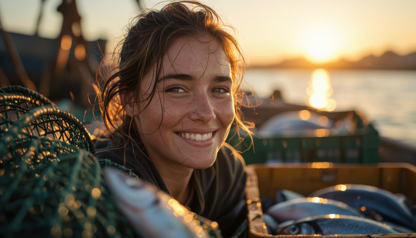 Photorealistic Sunrise Portrait of a Smiling Fisherwoman