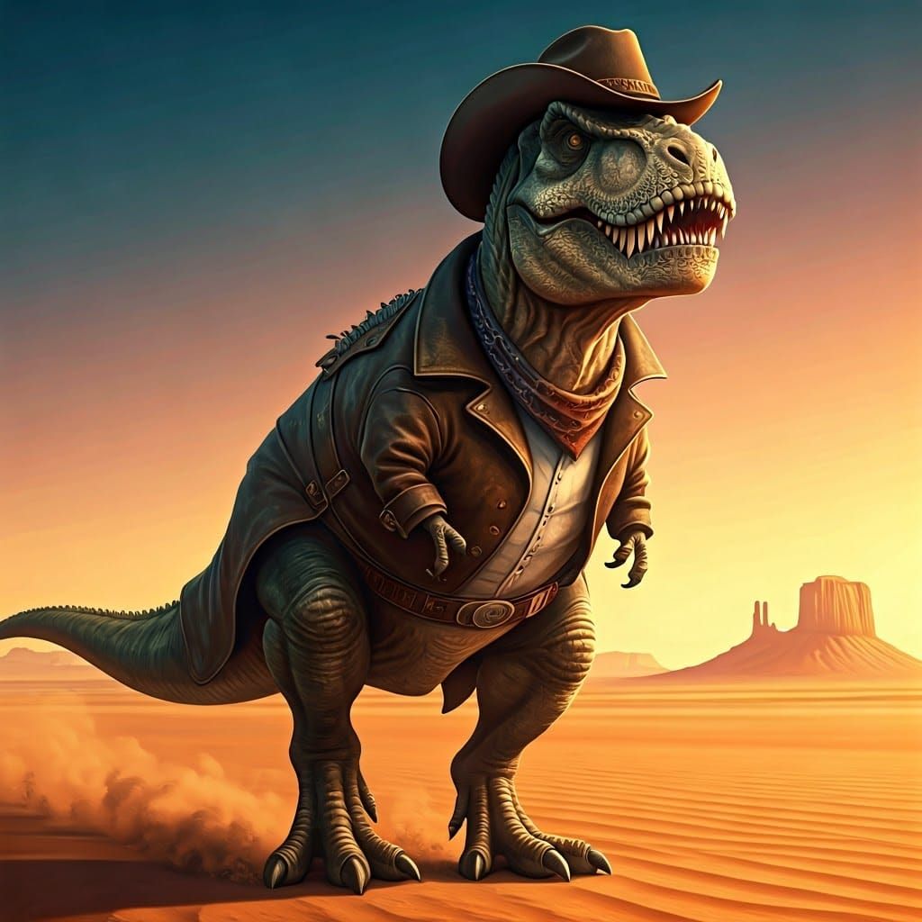Heroic T Rex Cowboy Sprints Across Vibrant Desert Sunset