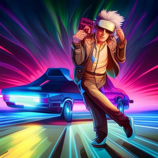 Synthwave DeLorean with Marty Fly in Neon Retro Style