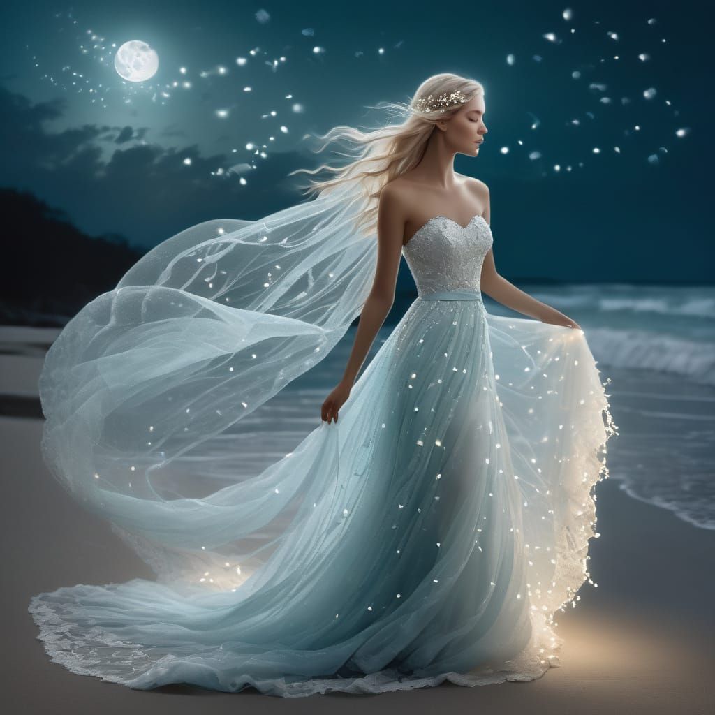 Extreme wide shot of breathtakingly beautiful woman, adorned...