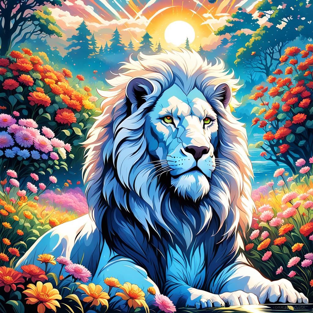 Majestic White Lion in Gothic Fantasy Landscape