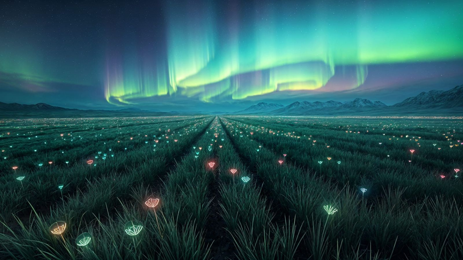 Cyberpunk Blooms in a Futuristic Northern Lights Dreamscape