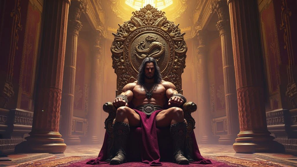 Barbarian King on Ancient Throne in Opulent Dark Fantasy Pal...
