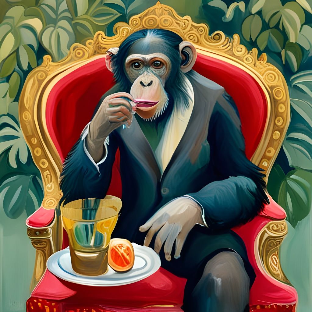 Chimpanzee Sipping Champagne: An Impressionist Gouache Paint...