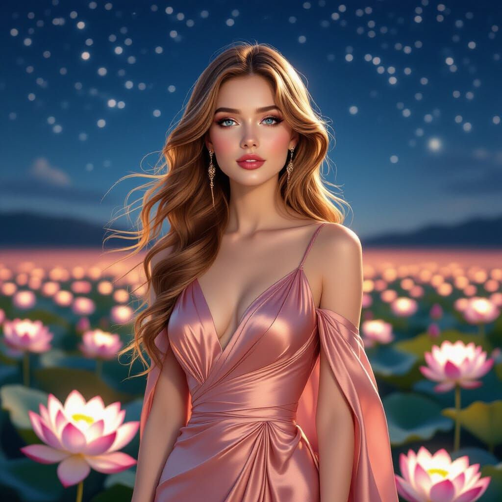 Rose Gold Woman in Lotus Field, Hyperrealistic Art