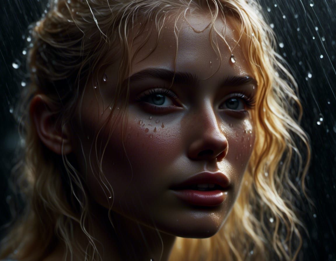 Monochrome Portrait of Woman in Rain, Photorealistic Style