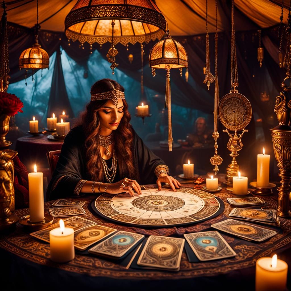 Mystical Romani Fortune Teller in Ethereal Setting