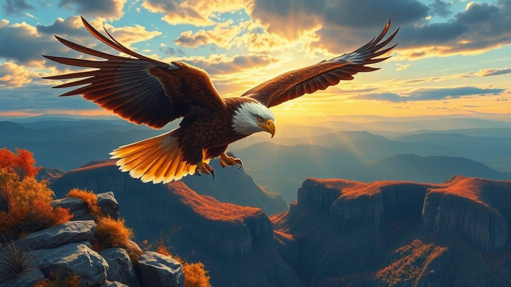 Majestic Eagle Soaring Through Autumnal Sunset: Gouache Pain...