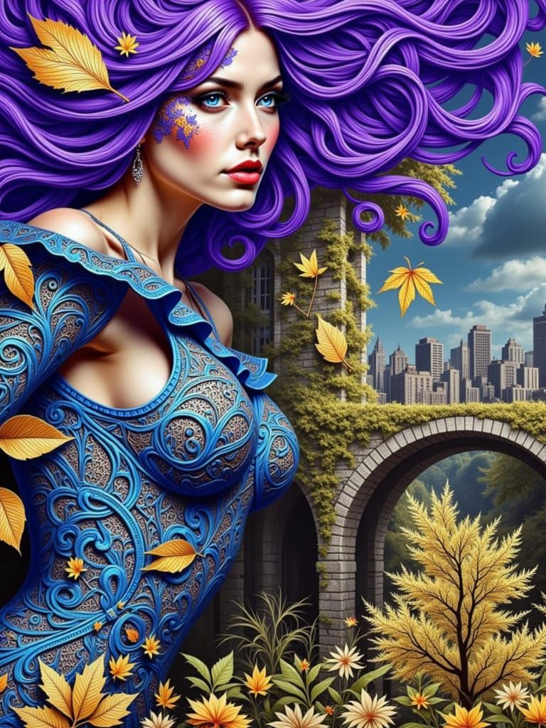 Autumn Goddess in Blue Dress with Purple Hair and Leaf Patte...