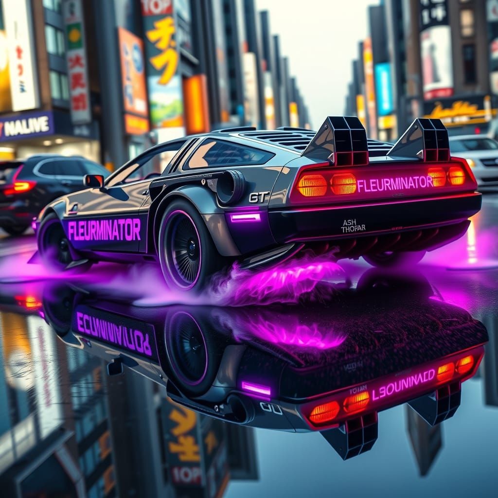 Futuristic Neon Car Speeds Through Tokyo Streets