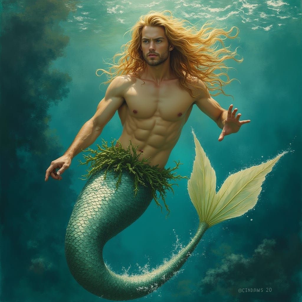 Chiseled Merman Emerges from Ocean Waves in Romantic Style