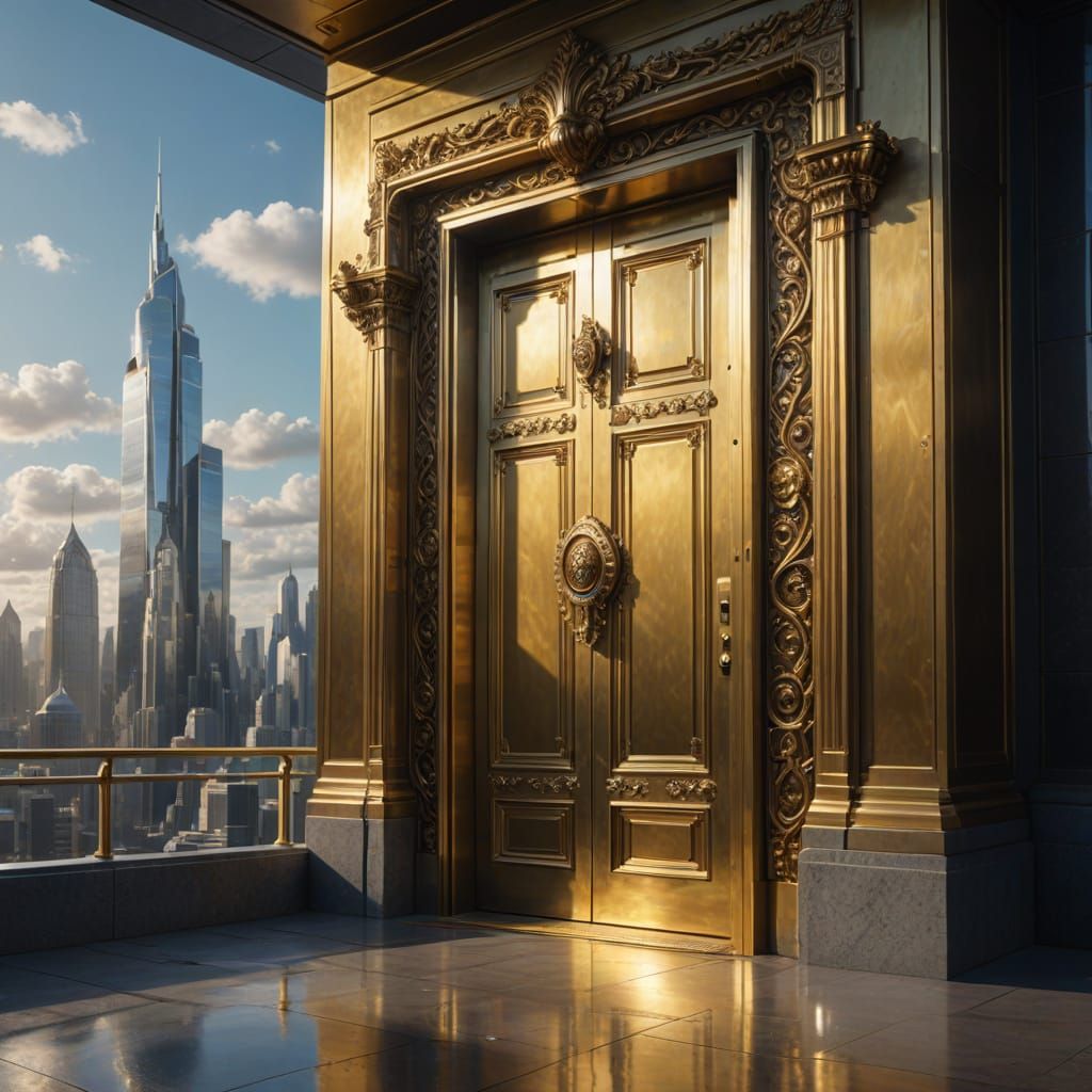 Ornate Door at Base of Futuristic Skyscraper