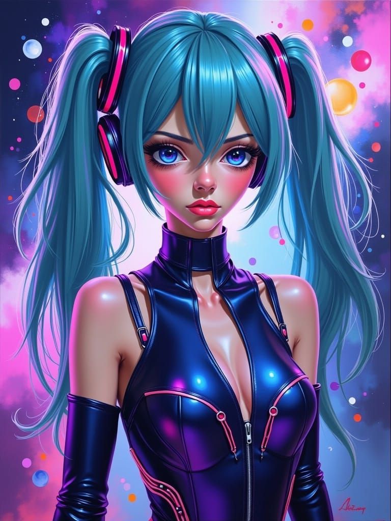 Retro-Futuristic Hatsune Miku in Metallic Blue and Purple Ju...