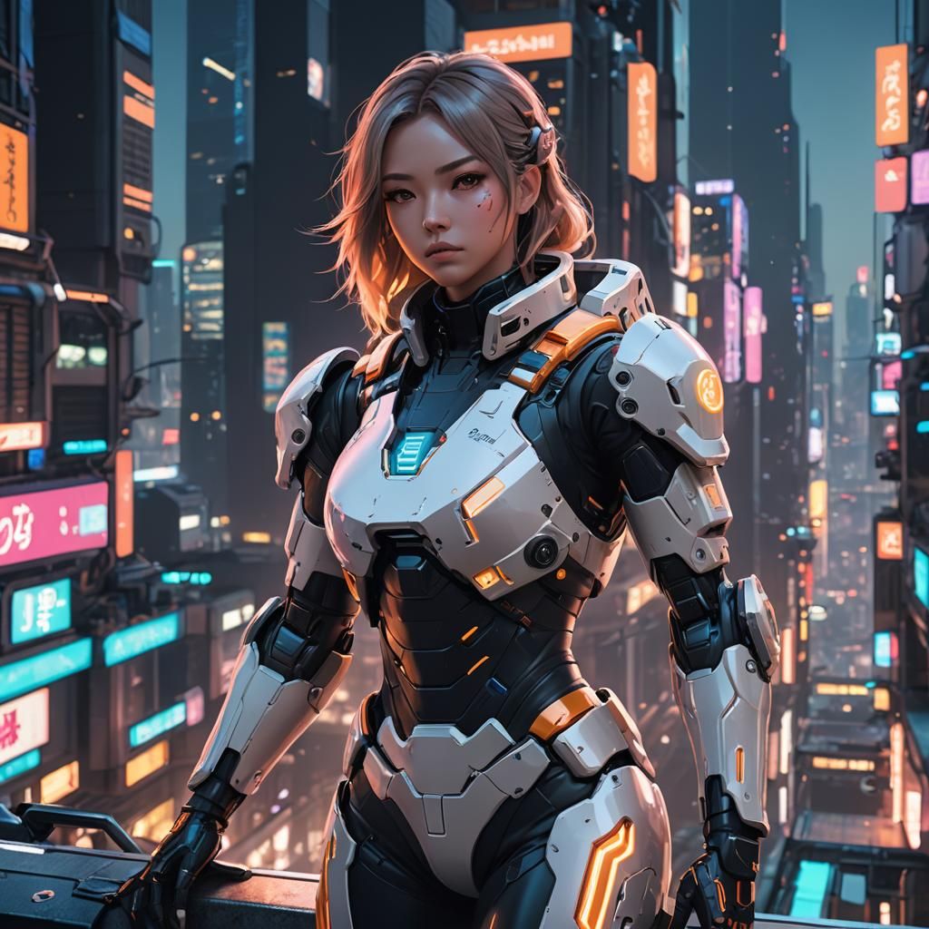 Futuristic Female Marine in Neon Cityscape