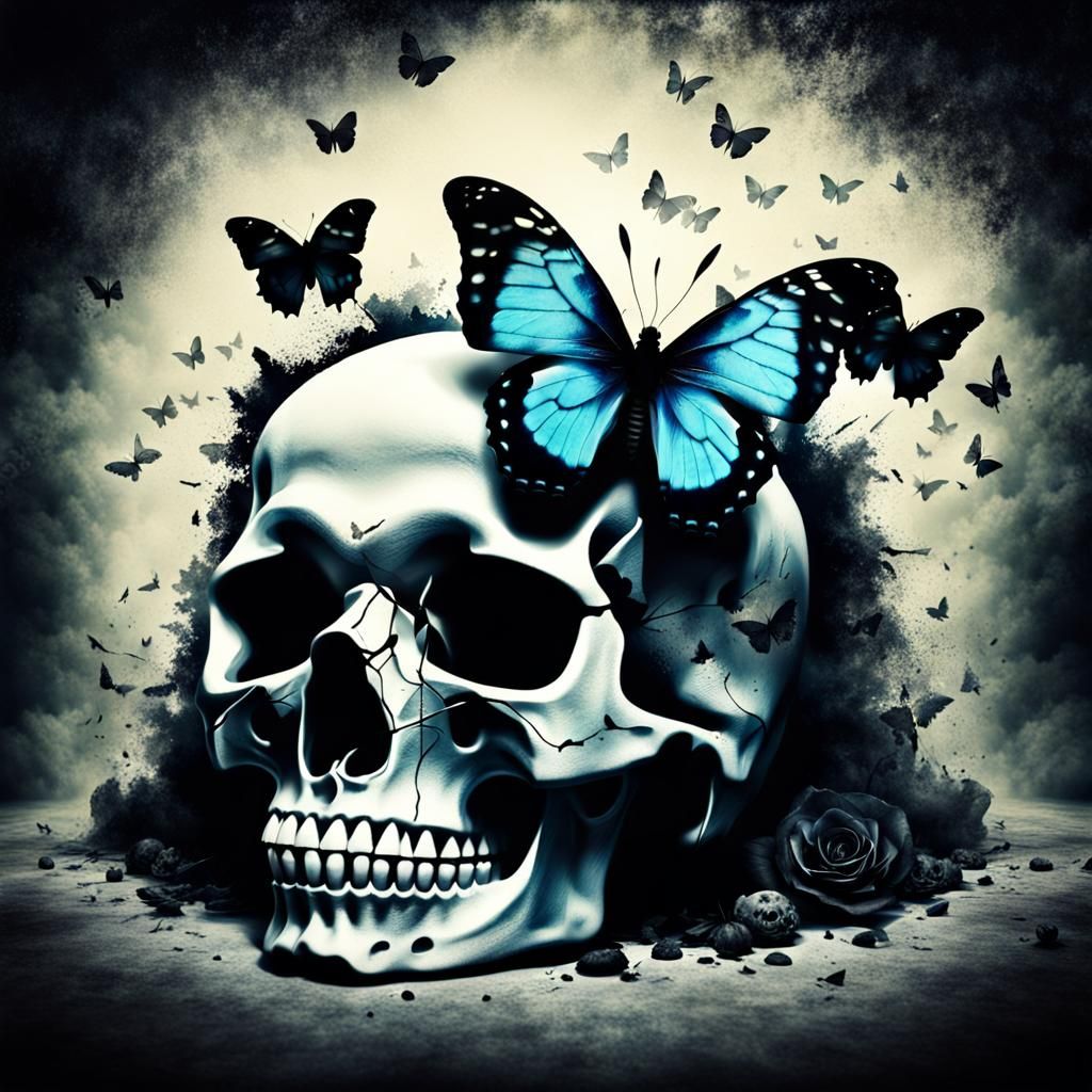 Surreal Horror: Butterfly on Skull in Creepy Style