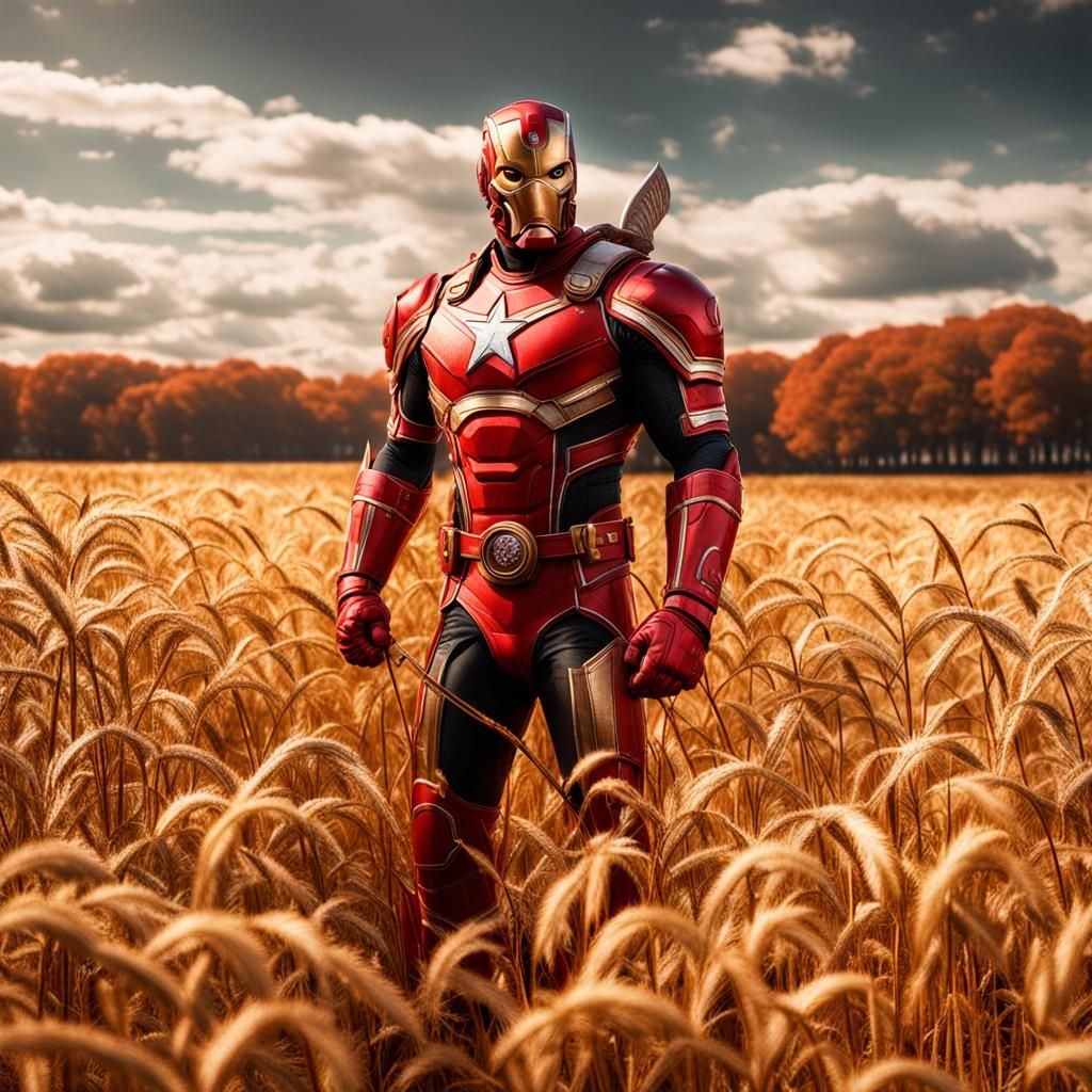 Red Guardian Stands in a Golden Field