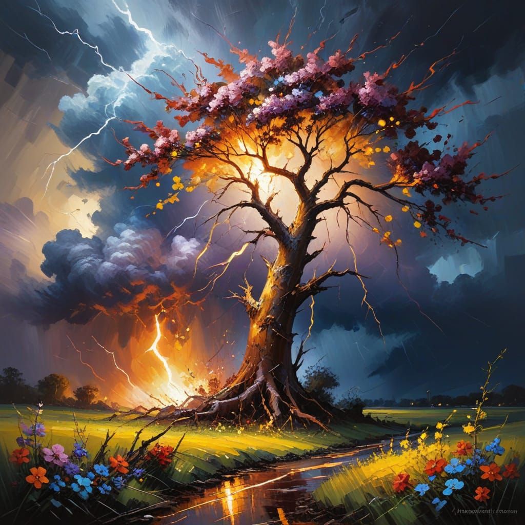 Dramatic Lightning Bolt Shatters a Blooming Tree Amidst Turb...