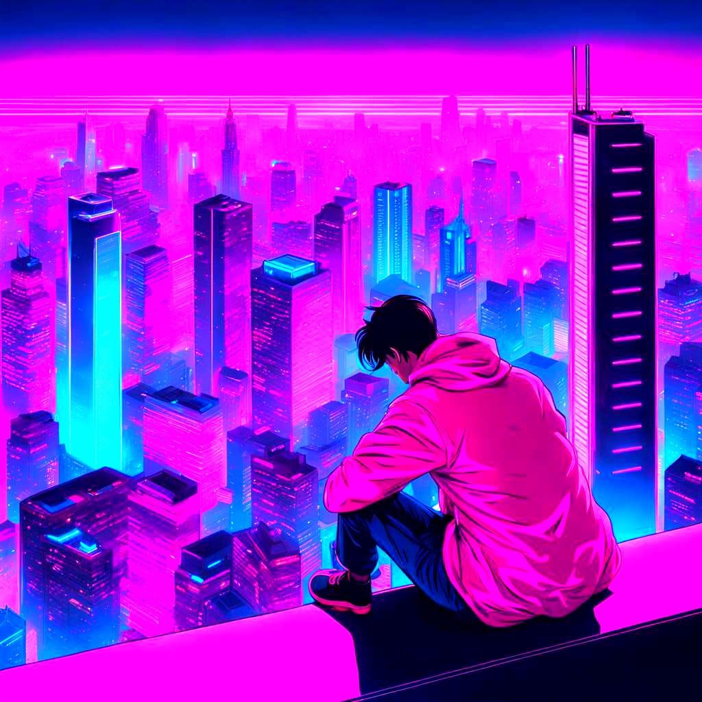 Neon City View from Skyscraper in Synthwave Style