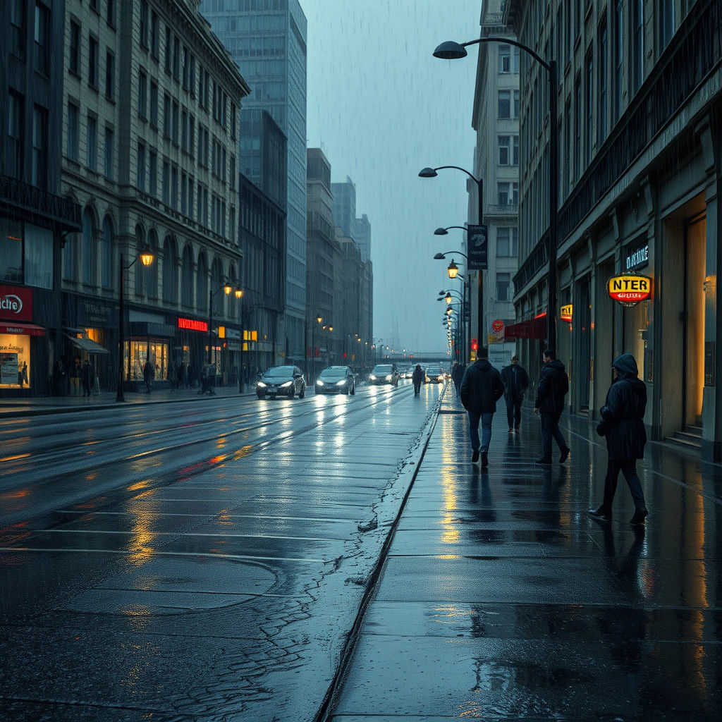 Silent Rain in a Desolate Cityscape