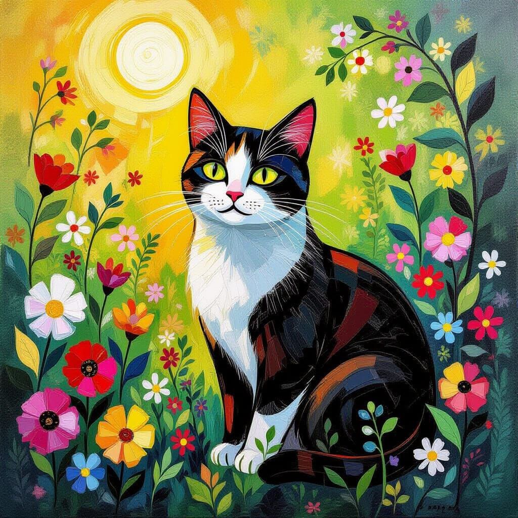 Whimsical Cat in Lush Garden, Neo-Impressionist Oil Painting