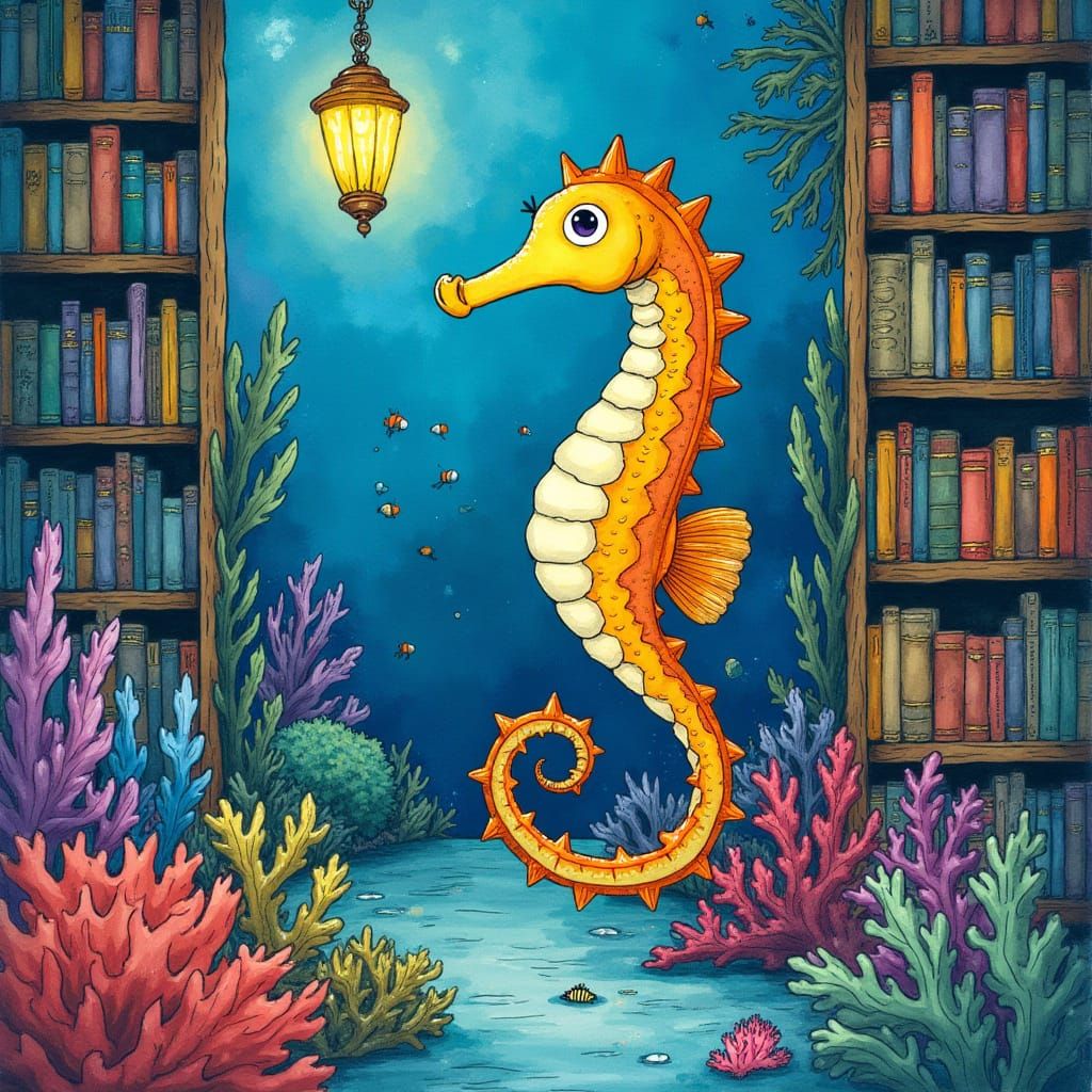 Seahorse Librarian in Underwater Library, Ink and Watercolor