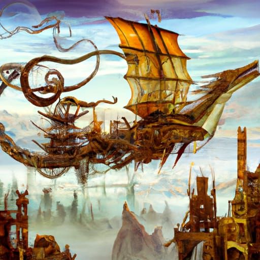 Fantastical Flying Serpent-Ship Over Steampunk City