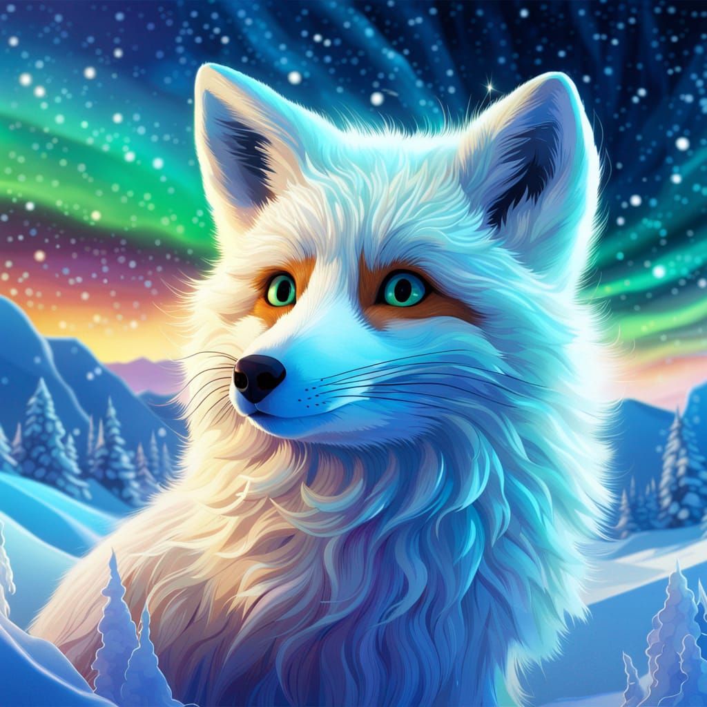 Adorable Snow Fox Under Aurora Borealis
