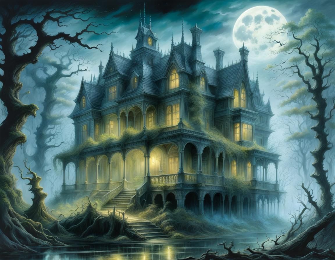 Haunted and abandoned mansion in a swamp