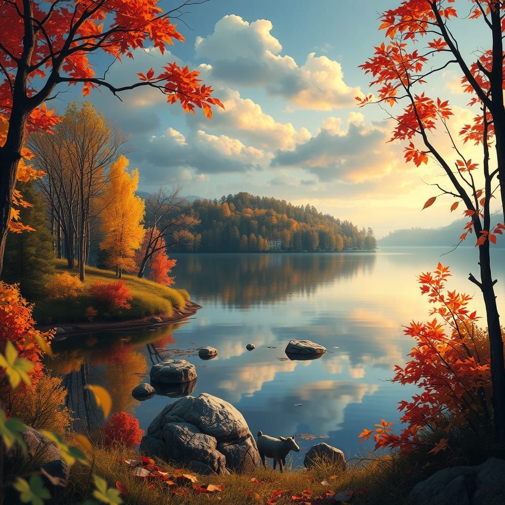 Romantic autumn landscape with lake.