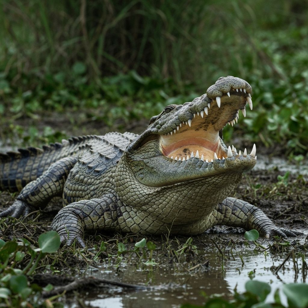 Swamp Crocodile Reveals Jaws in Wide-Angle Shot