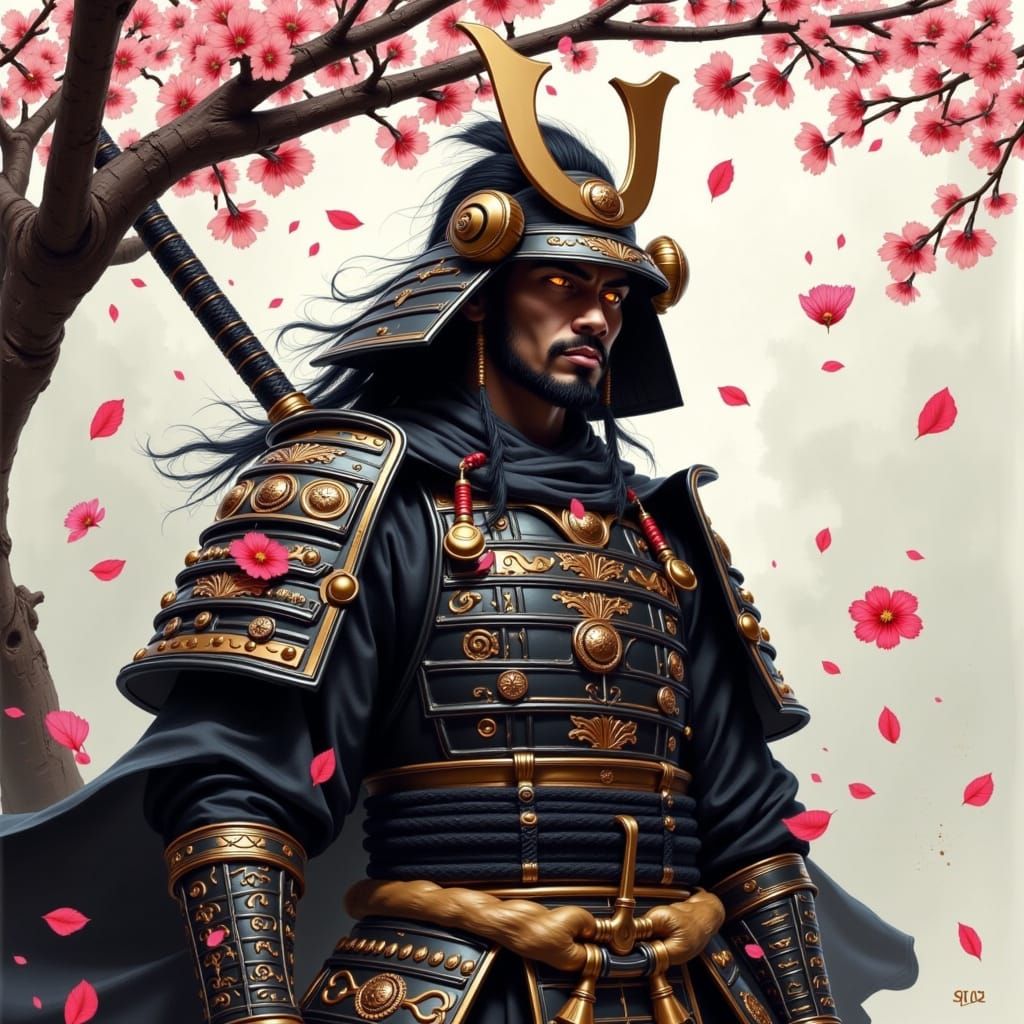 Samurai Warrior Amidst Cherry Blossoms, Inksplash Style