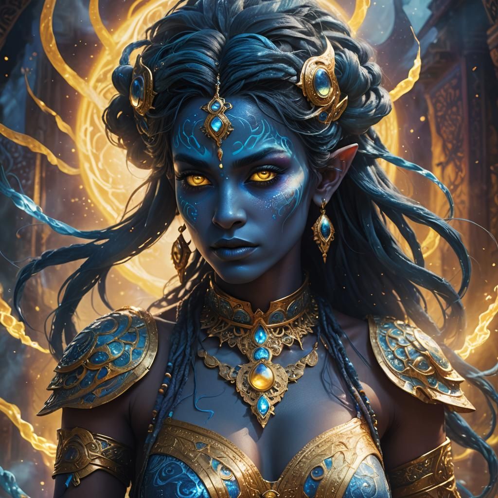 Blue-Skinned Djinn with Yellow Eyes in Digital Art