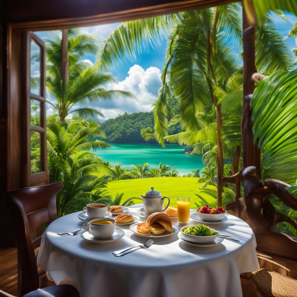 Lush Island Oasis Breakfast in Morning Sunlight