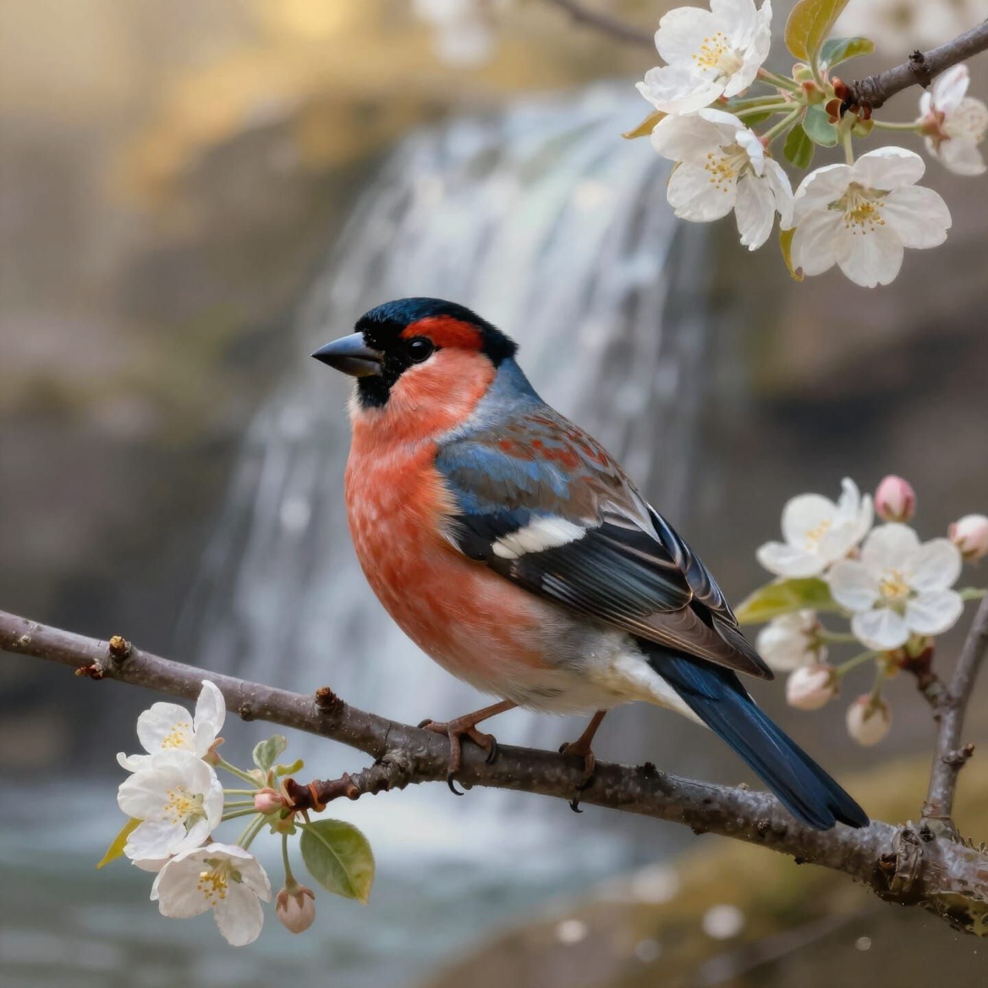 Bullfinch Perched on Branch with Apple Blossoms