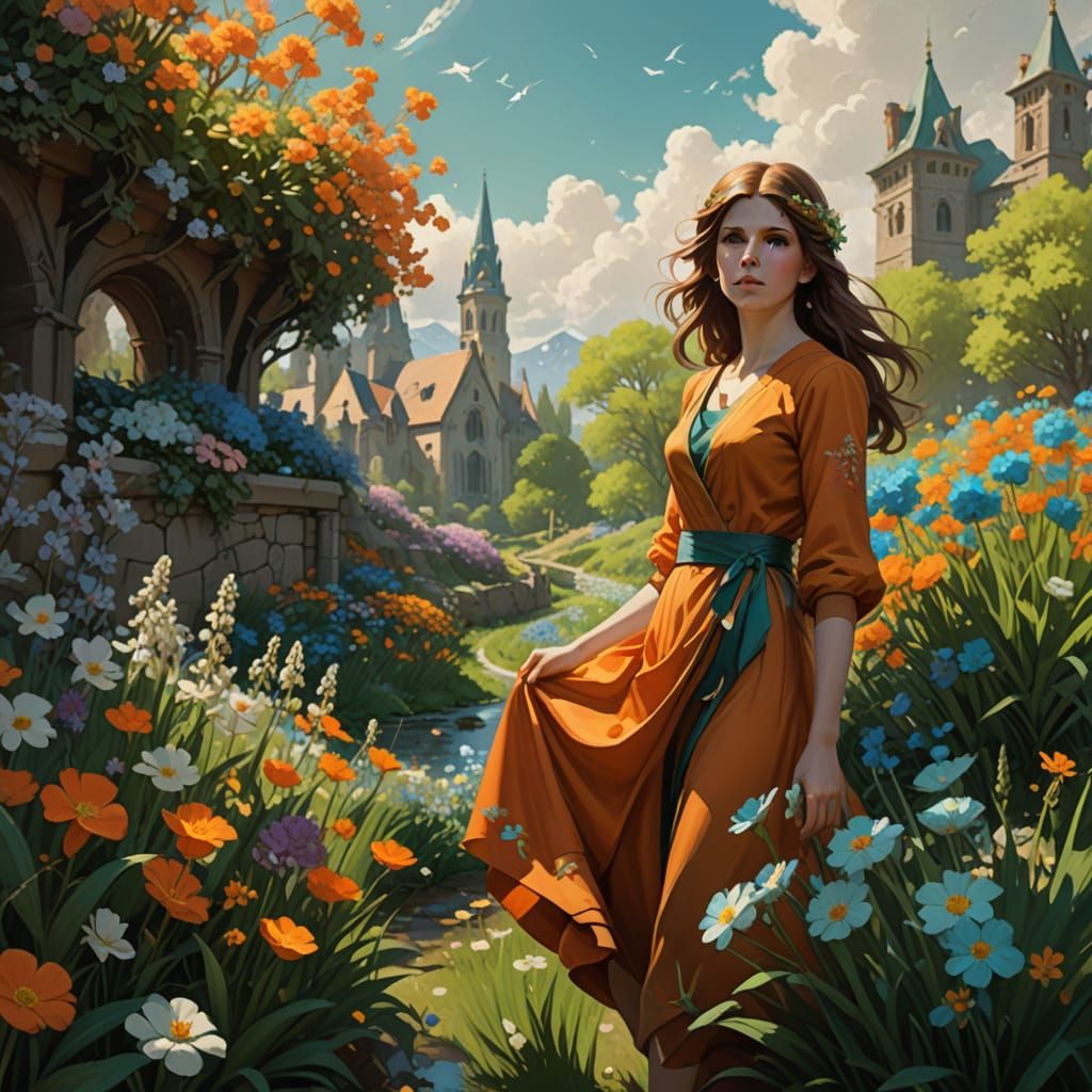 Anna Kendrick in N.C. Wyeth Style with Flowers