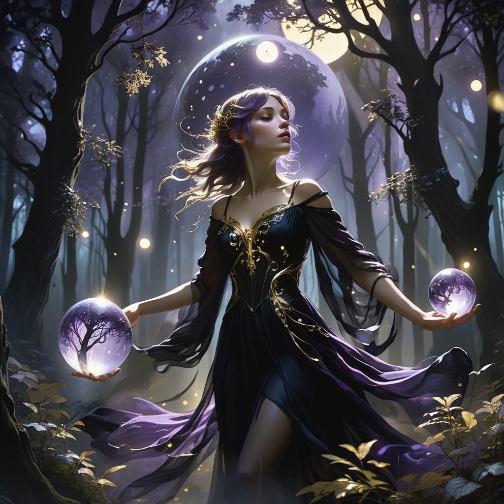 Mystical Girl on Crystal Ball in Dark Fantasy Style