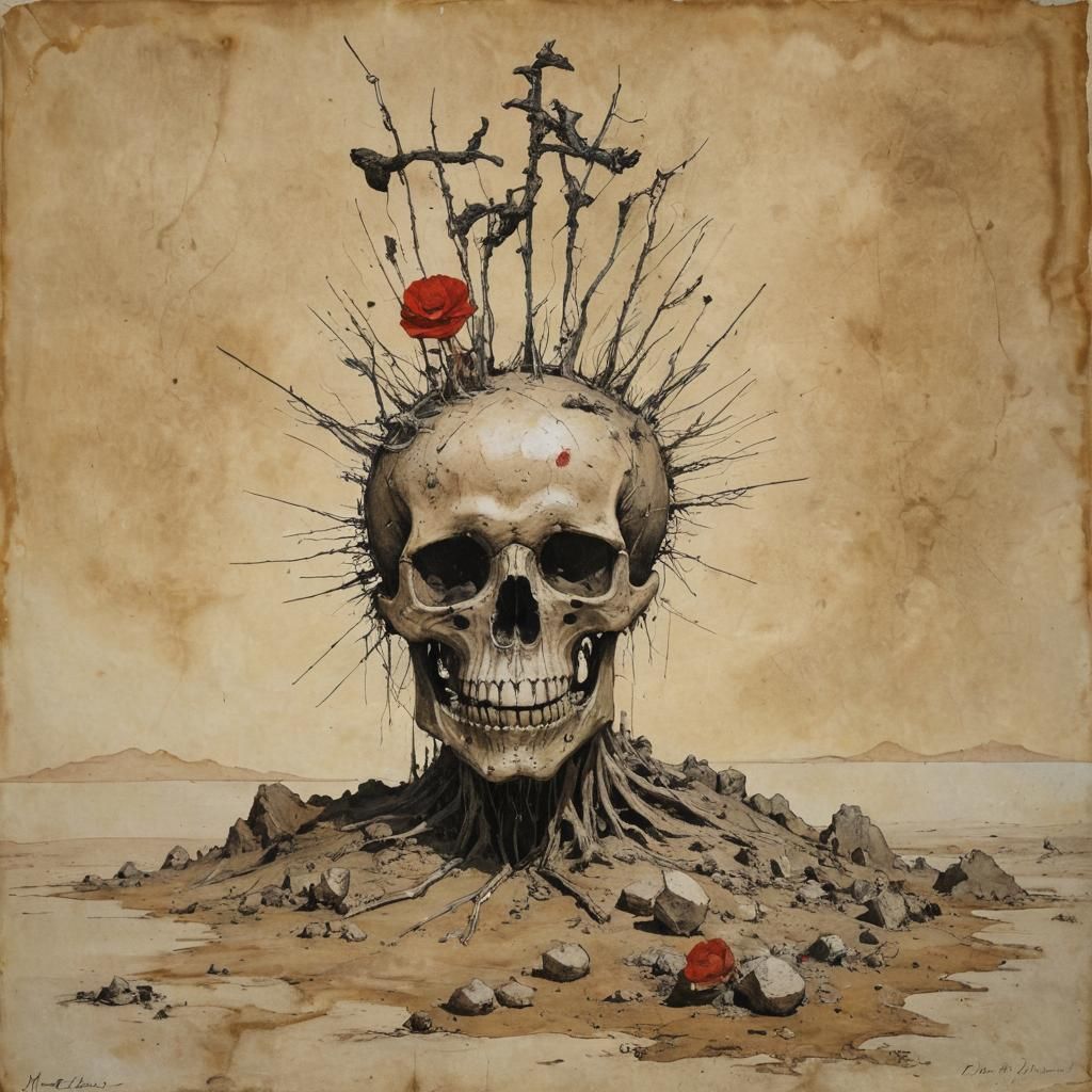 Surreal Desert Vanitas in Gyotaku Borderlands Style