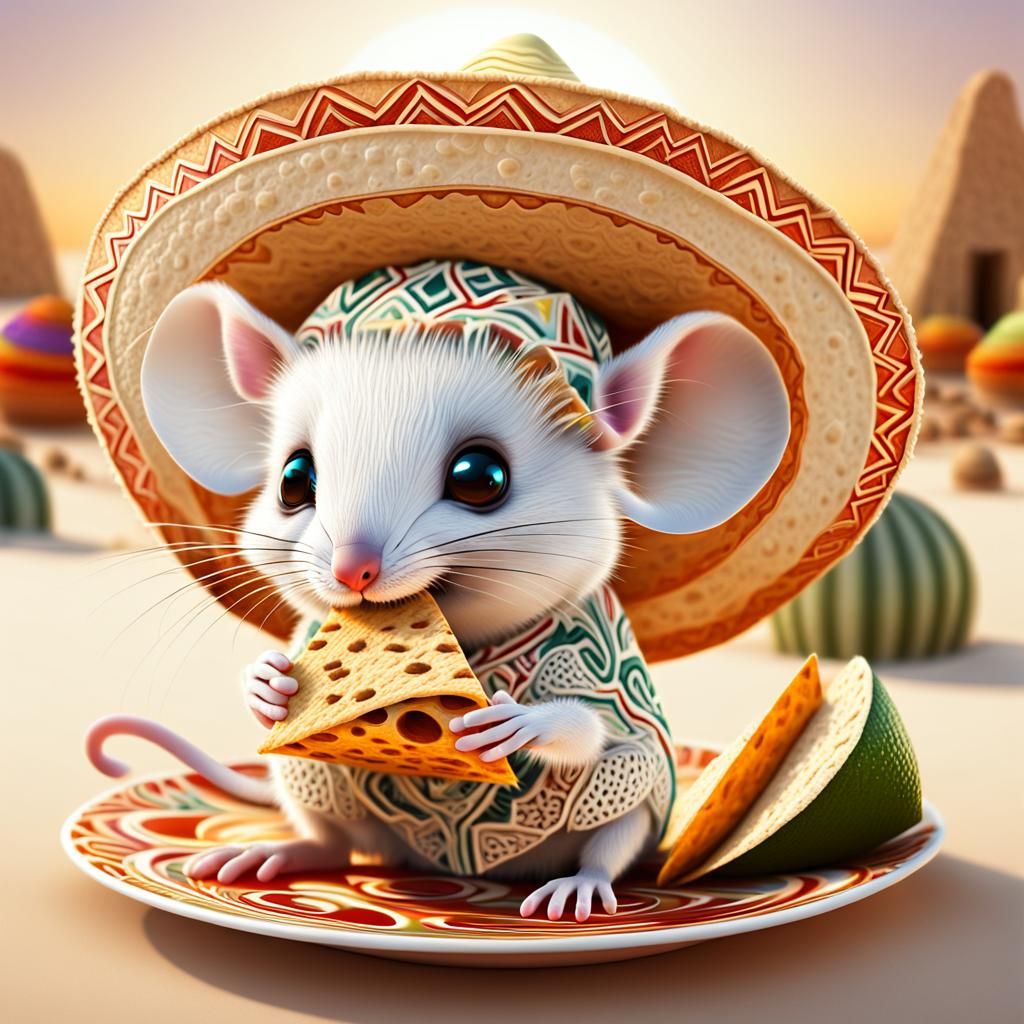 Cute Mouse with Sombrero Eating Tortilla