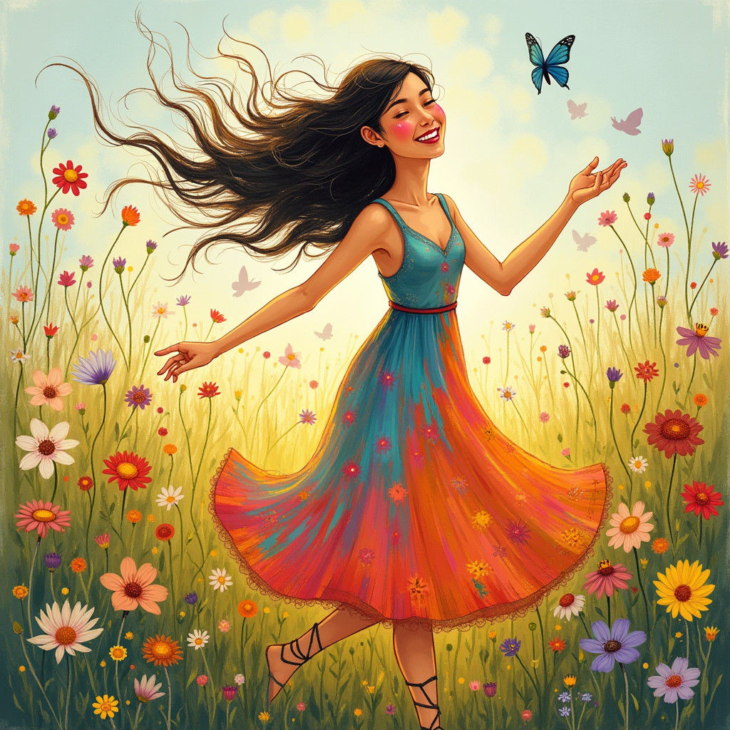Woman Dancing in Meadow: Whimsical Ethereal Art